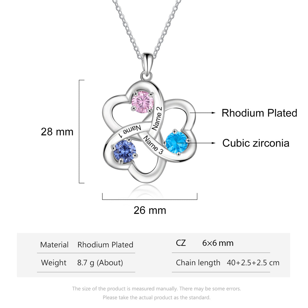 Personalized Interlocking Heart Necklace with 3 Birthstones Family Necklace