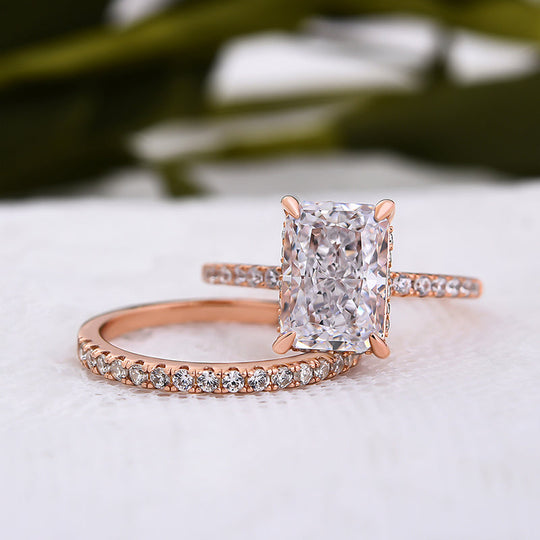 Rose Gold 3.5 Carat Radiant Cut Wedding Ring Set In Sterling Silver