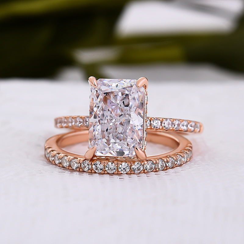 Rose Gold 3.5 Carat Radiant Cut Wedding Ring Set In Sterling Silver