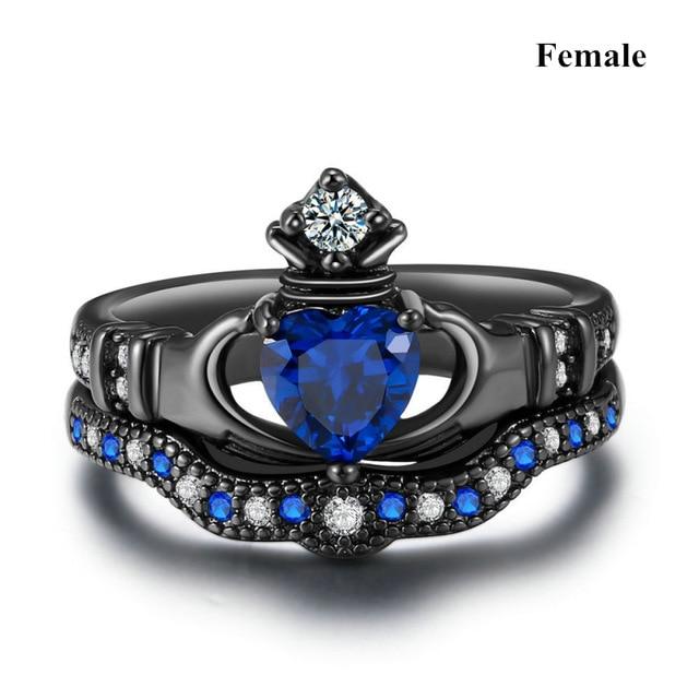 Wedding rings set his and hers-Couples Ring Set Clear Black & Blue Zirconia