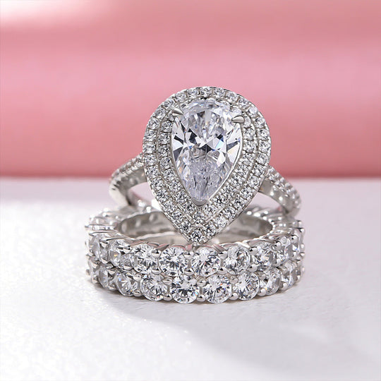 Eternity Double Halo Pear Cut 3-Pieces Wedding Set In Sterling Silver