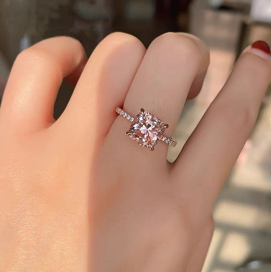 Rose Gold Peachy Pink Stone Cushion Cut Engagement Ring With Double Halo