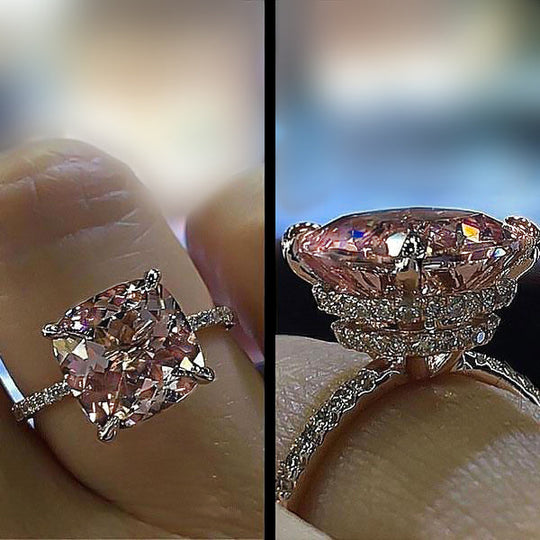 Rose Gold Peachy Pink Stone Cushion Cut Engagement Ring With Double Halo