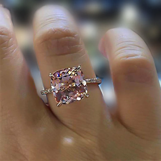 Rose Gold Peachy Pink Stone Cushion Cut Engagement Ring With Double Halo