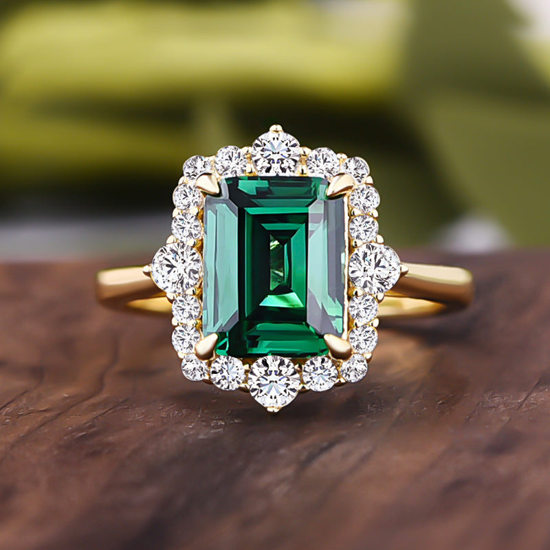 Yellow Gold Halo Emerald Cut Emerald Green Engagement Ring In Sterling Silver