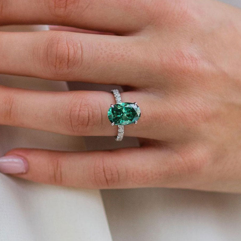 Classic Oval Cut Emerald Green Simulated Diamond Engagement Ring In Sterling Silver