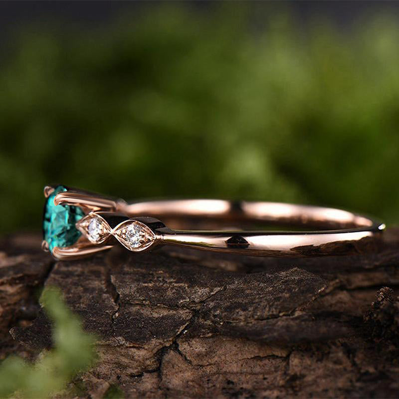 Rose Gold 1.0 Carat Emerald Green Round Cut Promise Ring For Her Sterling Silver