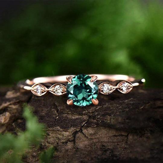 Rose Gold 1.0 Carat Emerald Green Round Cut Promise Ring For Her Sterling Silver