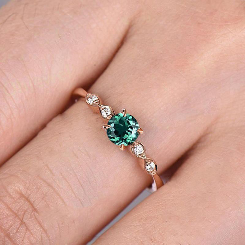 Rose Gold 1.0 Carat Emerald Green Round Cut Promise Ring For Her Sterling Silver