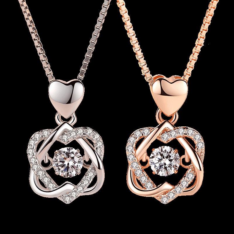 Fashion Romantic Double Heart Flower Pendant Necklace with Zircon Rose - 1203