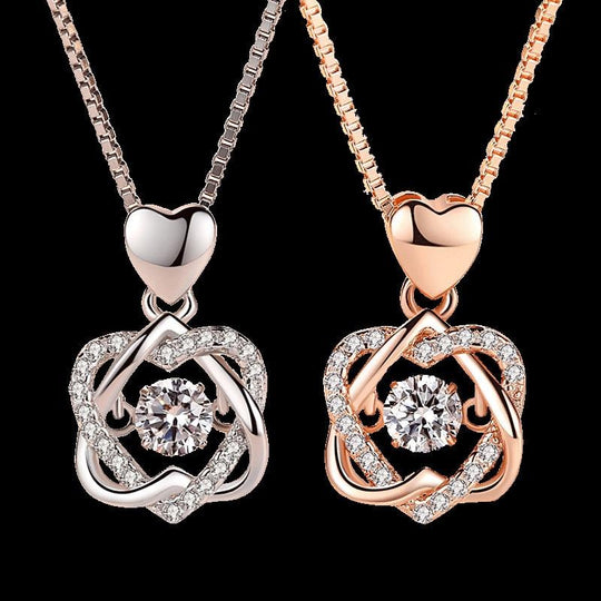 Fashion Romantic Double Heart Flower Pendant Necklace with Zircon Rose - 1203