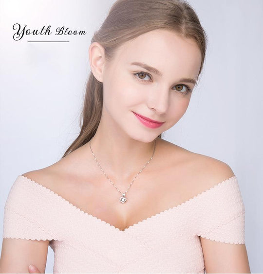 Fashion Romantic Double Heart Flower Pendant Necklace with Zircon Rose - 1203