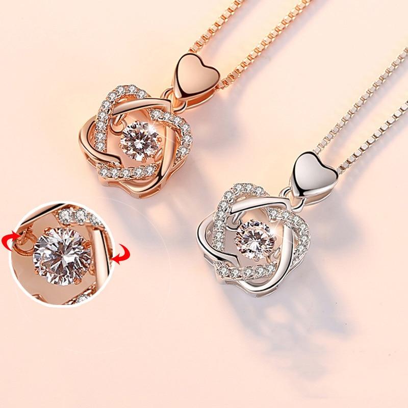 Fashion Romantic Double Heart Flower Pendant Necklace with Zircon Rose - 1203