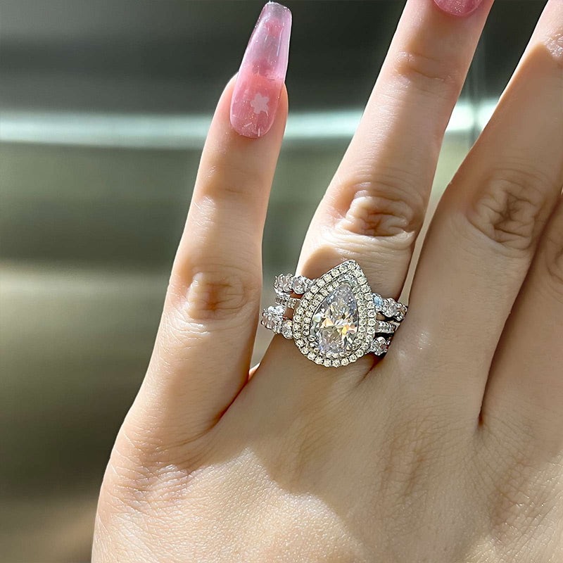 Eternity Double Halo Pear Cut 3-Pieces Wedding Set In Sterling Silver