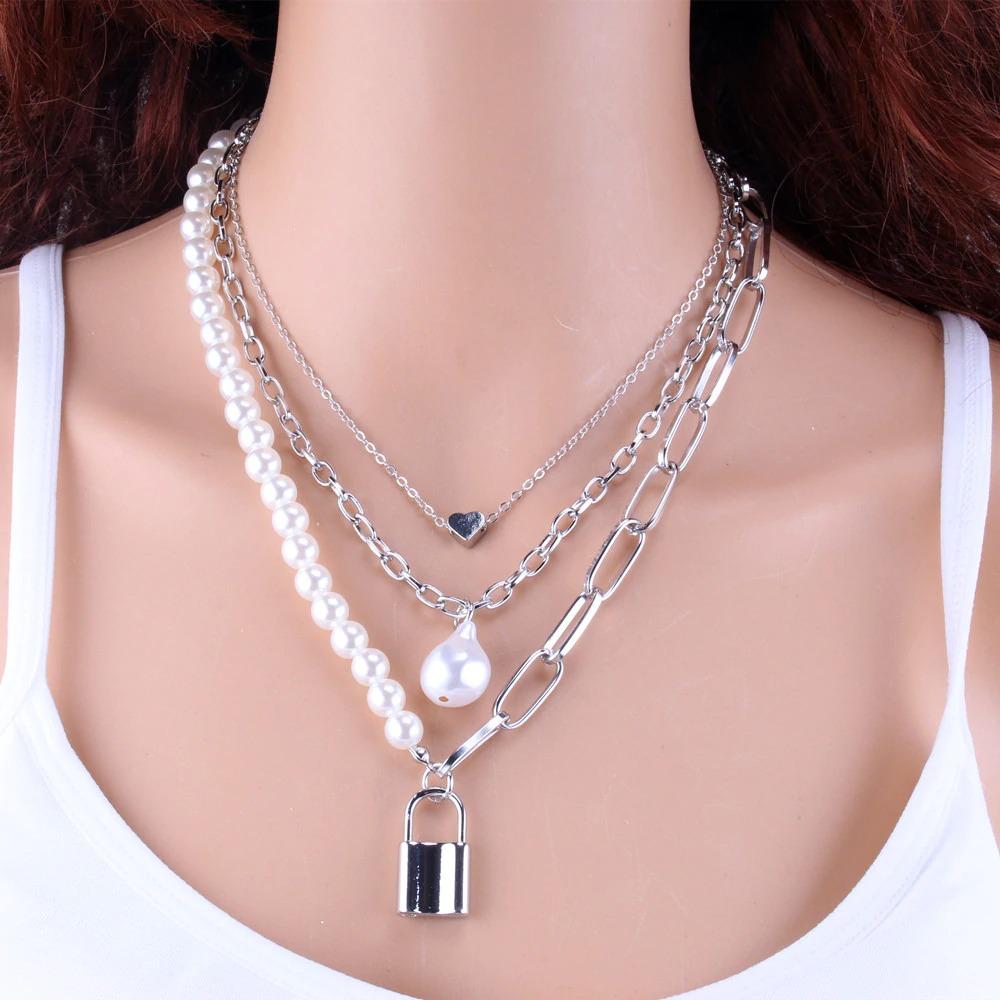 Multi Layer Pearl and Heart Pendant Chain Necklaces-Boots N Bags Heaven-Boots N Bags Heaven