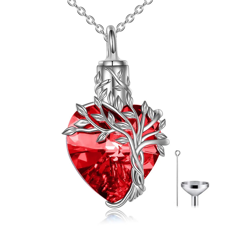 Heart Tree of Life Urn Necklace for Ashes Sterling Silver Cremation Jewelry with Crystal w/Funnel Filler