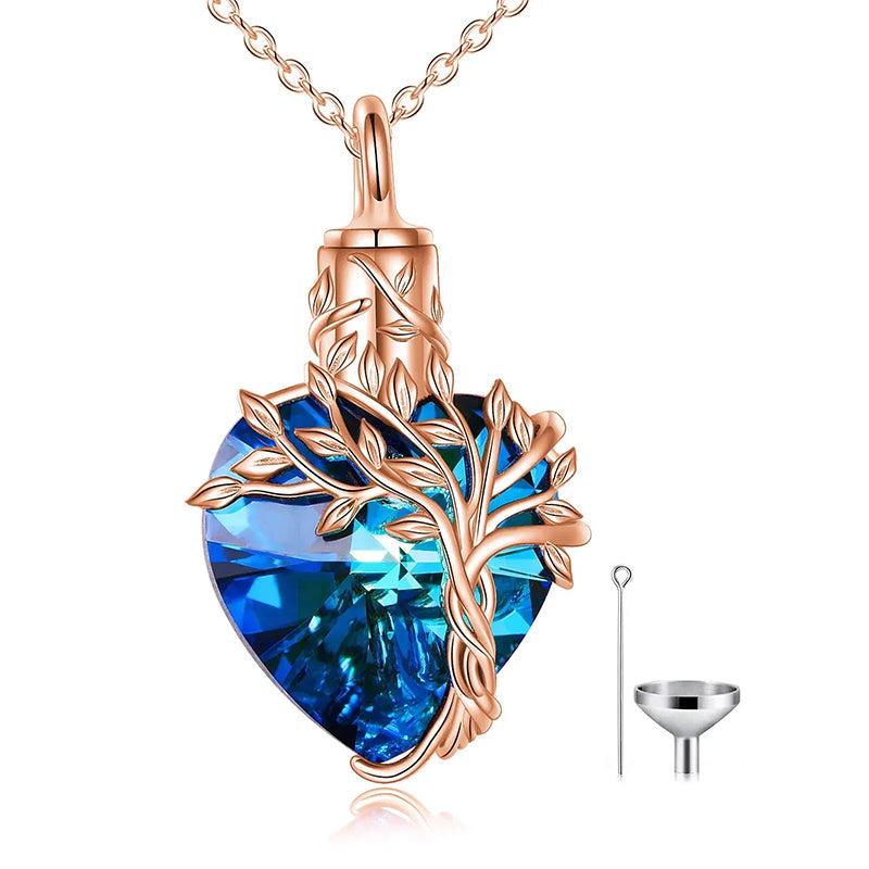 Heart Tree of Life Urn Necklace for Ashes Sterling Silver Cremation Jewelry with Crystal w/Funnel Filler