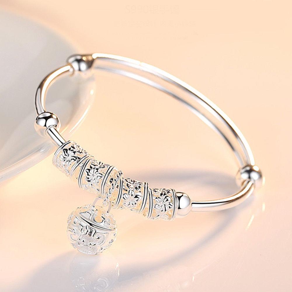 Precious Sterling Silver Floral Ball Charm Bangle Bracelet Jewelry-Boots N Bags Heaven-Boots N Bags Heaven