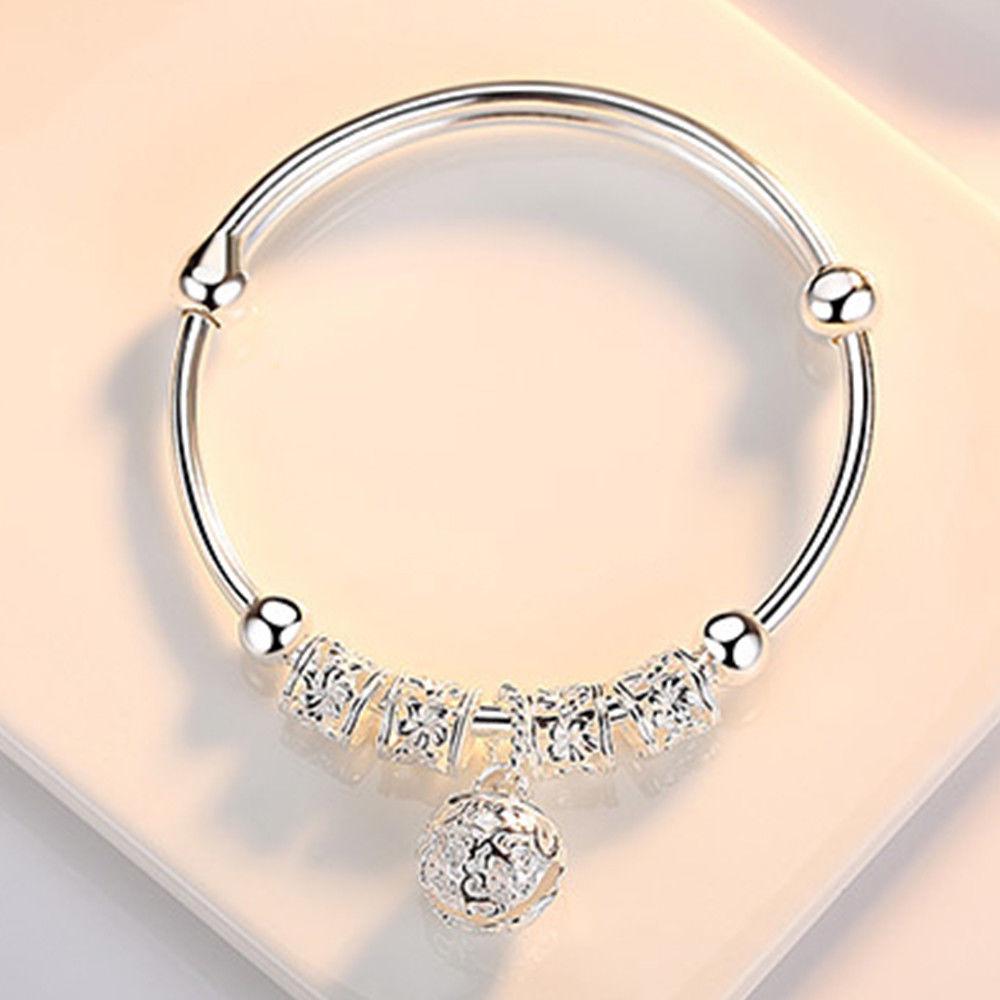 Precious Sterling Silver Floral Ball Charm Bangle Bracelet Jewelry-Boots N Bags Heaven-Boots N Bags Heaven