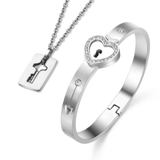 The Key To The Heart-Heart Love Lock Bracelet & Key Necklace Set