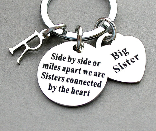 Side By Side Or Miles Apart We Are Sisters Connected By The Heart Sisters Keychain Initial Little Big Middle Sisters,