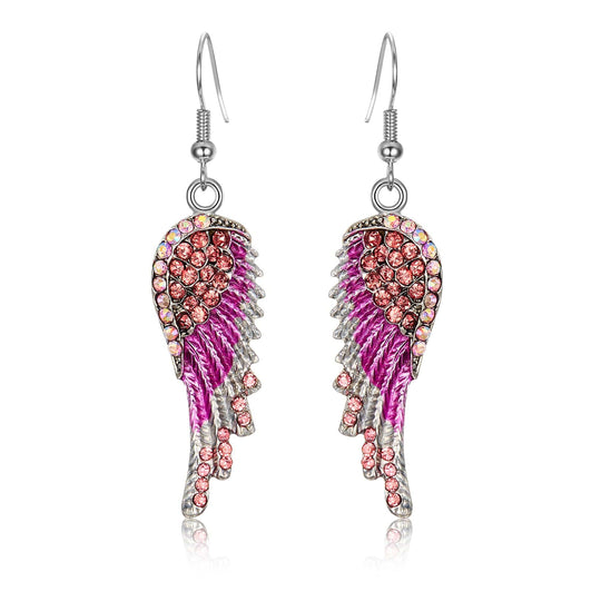 Angel Wing Hook Earrings Austrian Crystal Silver-Tone Pink Earring MelodyNecklace