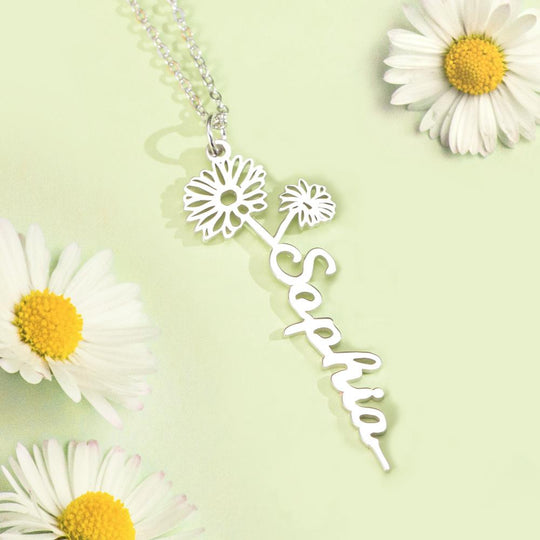 Birth Flower Necklace With Name Pendent Mom Necklace MelodyNecklace