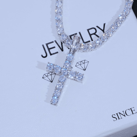 Bundle White Gold Diamond Cross + 4mm Diamond Tennis Chain 18" / WhiteGold Cuba link MelodyNecklace