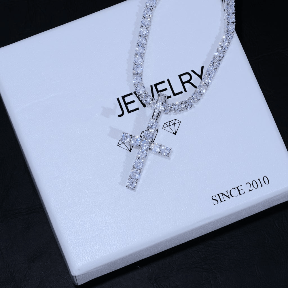 Bundle White Gold Diamond Cross + 4mm Diamond Tennis Chain Cuba link MelodyNecklace