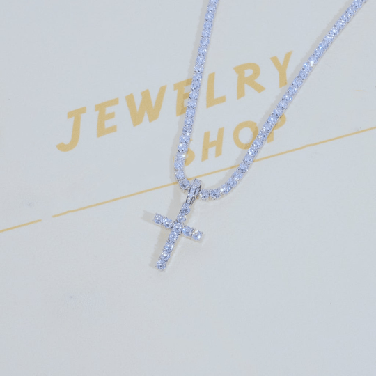 Bundle White Gold Diamond Cross + 4mm Diamond Tennis Chain Cuba link MelodyNecklace