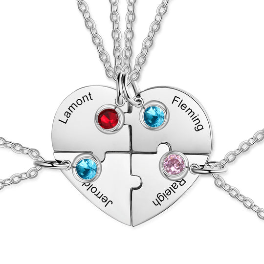 Personalized Heart Puzzle Necklace Custom 4 Birthstones Family Necklace