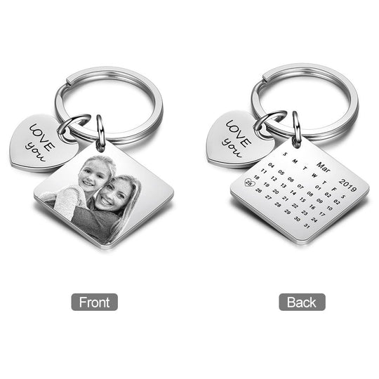 Photo Keychain Personalized with Calendar and Engraved Heart Charm