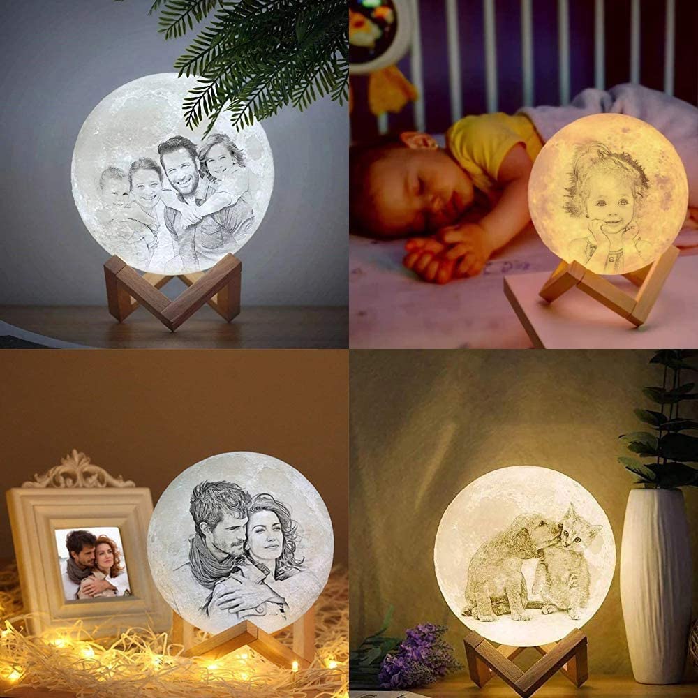 Christmas Gift Custom Moon Lamp with Your Own Picture-3D Printed Customized Moon Light with Wood Stand Other Accessories MelodyNecklace