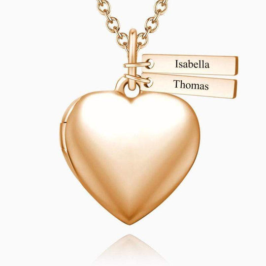 Christmas Gift Heart Shape Photo Locket Necklace With Two Engraved Bars Gold Necklace MelodyNecklace