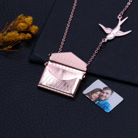 Christmas Gift Personalised Photo Envelope Necklace with Bird Rose Gold Necklace MelodyNecklace