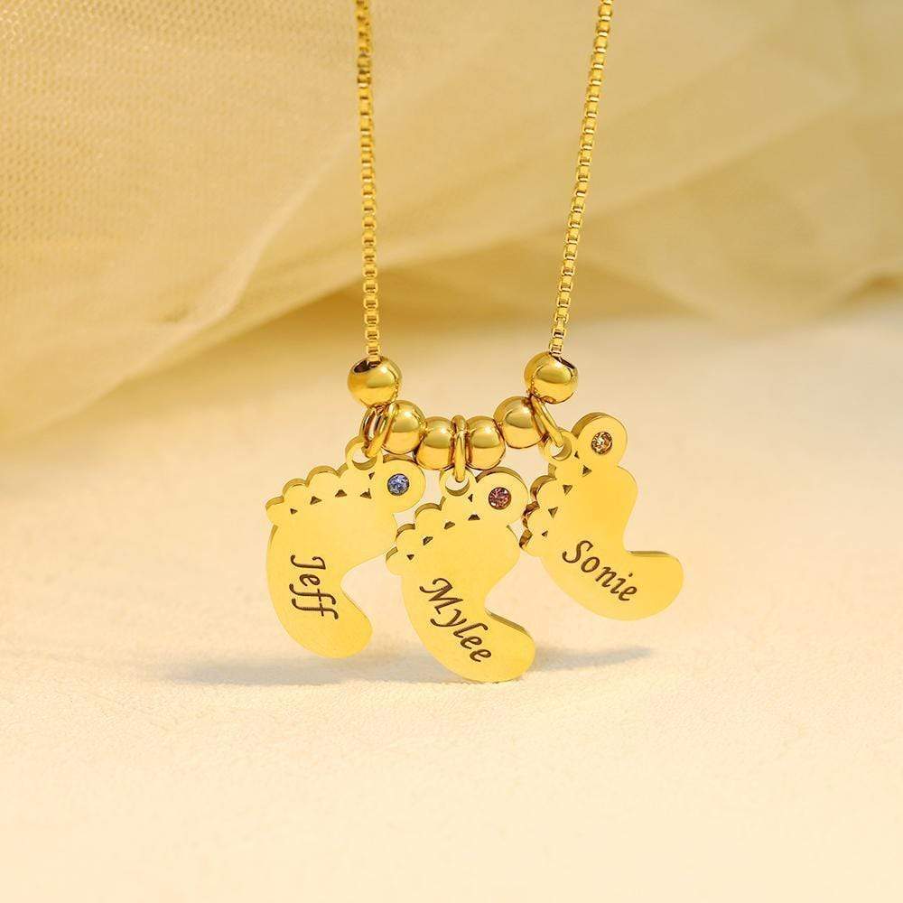 Christmas Gift Personalized Baby Feet Pendant Birthstone Necklace with Names Mom Necklace MelodyNecklace