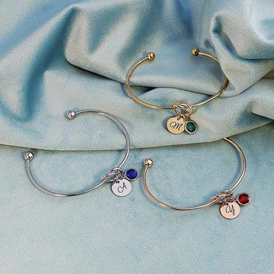 Christmas Gift Personalized Birthstone and Initial Bangle Bracelet For Woman GG