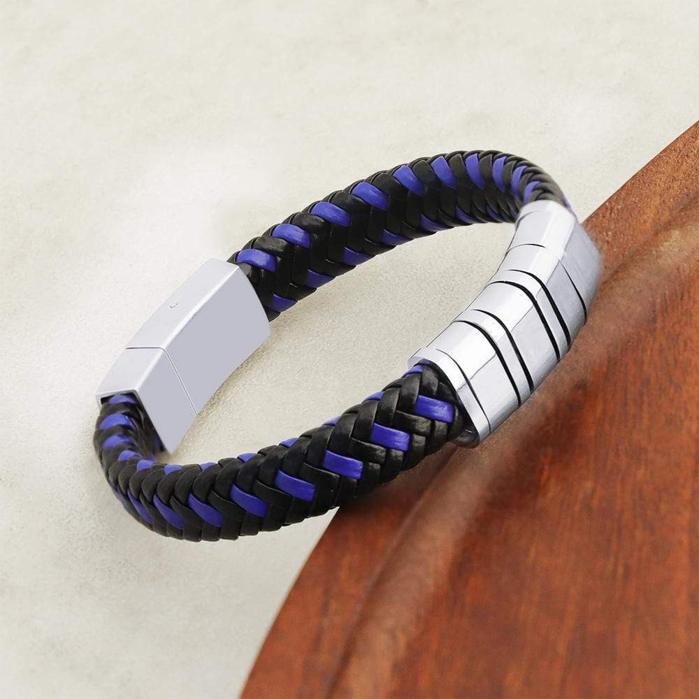 Christmas Gift Personalized Blue and Black Braided Leather Bracelet with custom beads Silver Plated Bracelet For Man MelodyNecklace