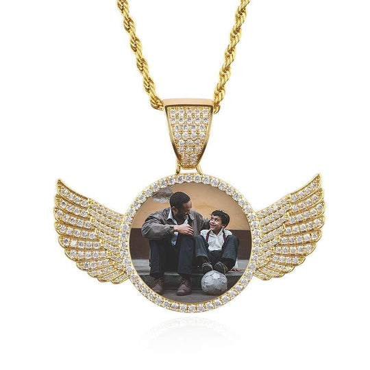 Christmas Gift Personalized Jewelry Photo Pendant Necklace with Angel Wing Gold Necklace for man MelodyNecklace