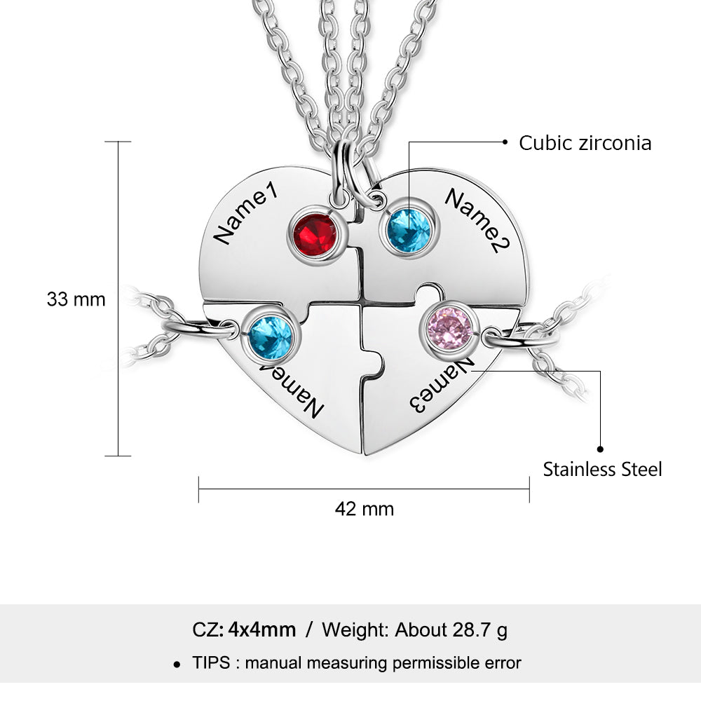 Personalized Heart Puzzle Necklace Custom 4 Birthstones Family Necklace