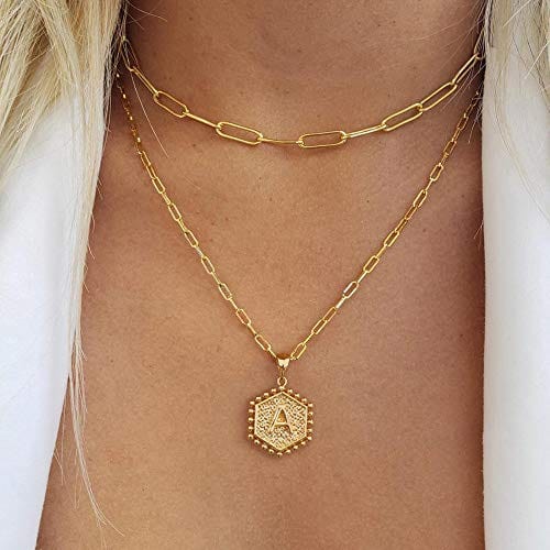 Dainty Double Side Layered Hammered Hexagon Initial Necklaces for Women Paperclip Chain Choker Initial Necklace MelodyNecklace