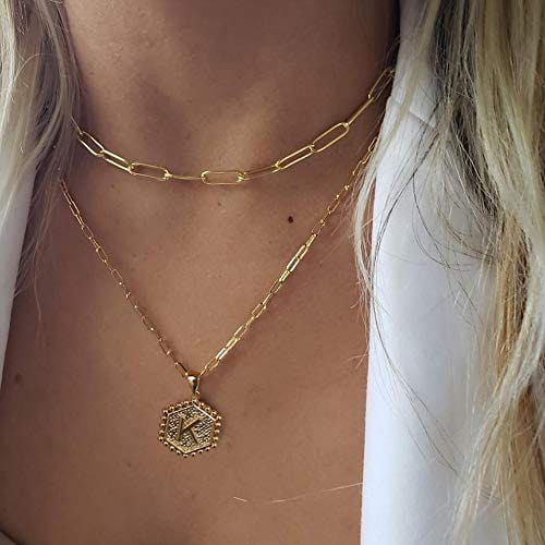 Dainty Double Side Layered Hammered Hexagon Initial Necklaces for Women Paperclip Chain Choker Initial Necklace MelodyNecklace