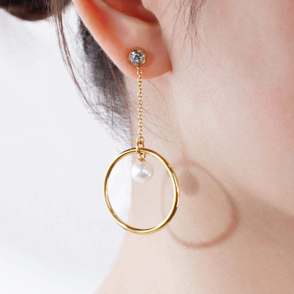 Diamond Hanging Pearl Hoop Earrings Gold Earring MelodyNecklace