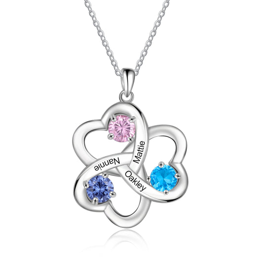 Personalized Interlocking Heart Necklace with 3 Birthstones Family Necklace