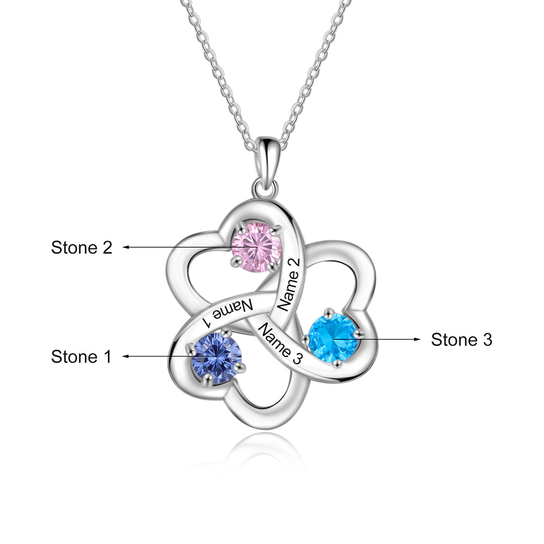 Personalized Interlocking Heart Necklace with 3 Birthstones Family Necklace