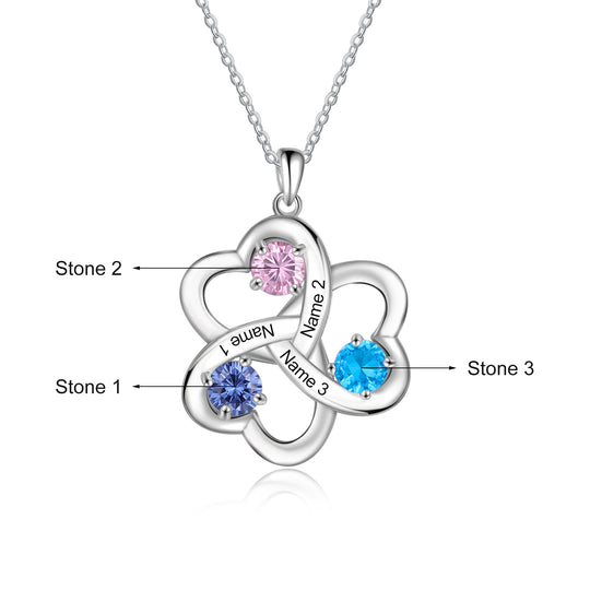 Personalized Interlocking Heart Necklace with 3 Birthstones Family Necklace