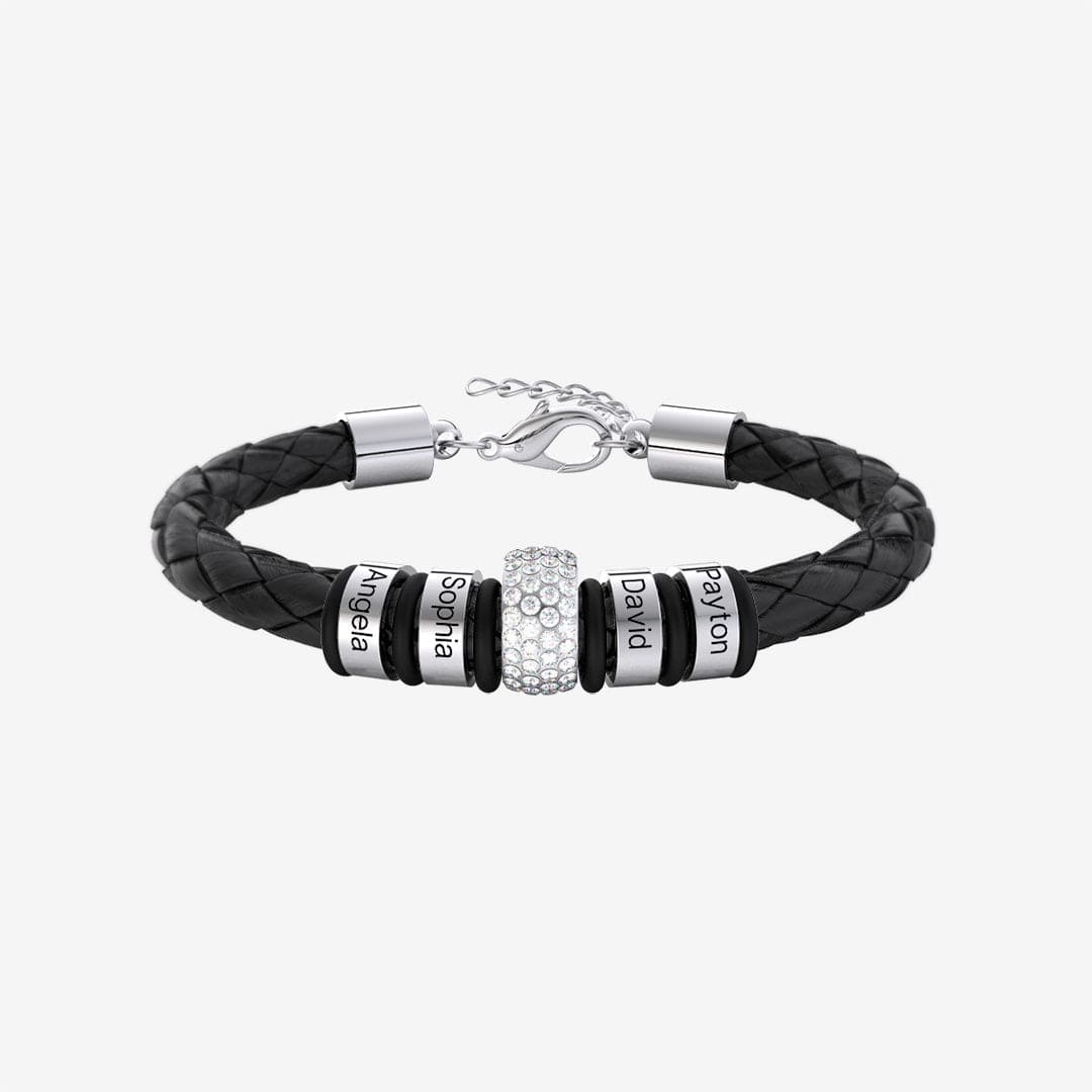 Father's Day Gift Men Braided Leather Bracelet with Diamond Custom Beads Stainless Steel / Silver Bracelet For Man MelodyNecklace