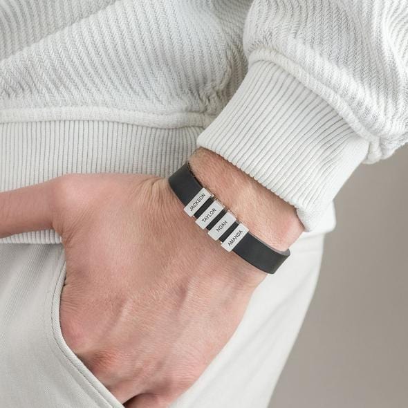 Father's day gift-Men's Leather Bracelet with Custom Silver Beads 925 Sterling Silver / Black Engravingift