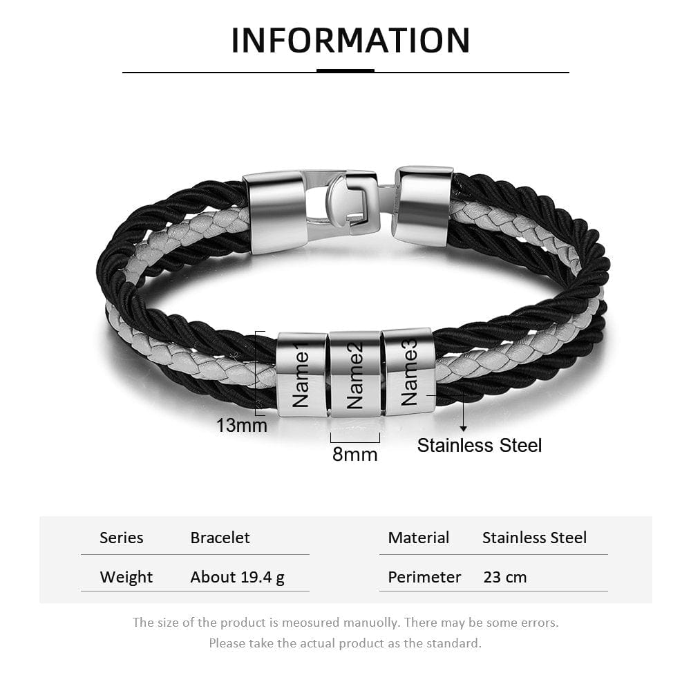 Father's Day Gift Mens Leather Bracelet Braided Layered Leather with Bead Engravingift