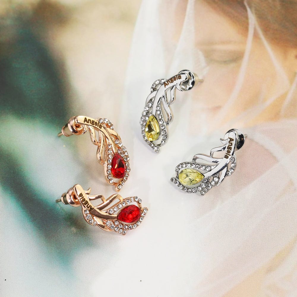 Feather Shaped Custom Birthstone Earring JewlGlory